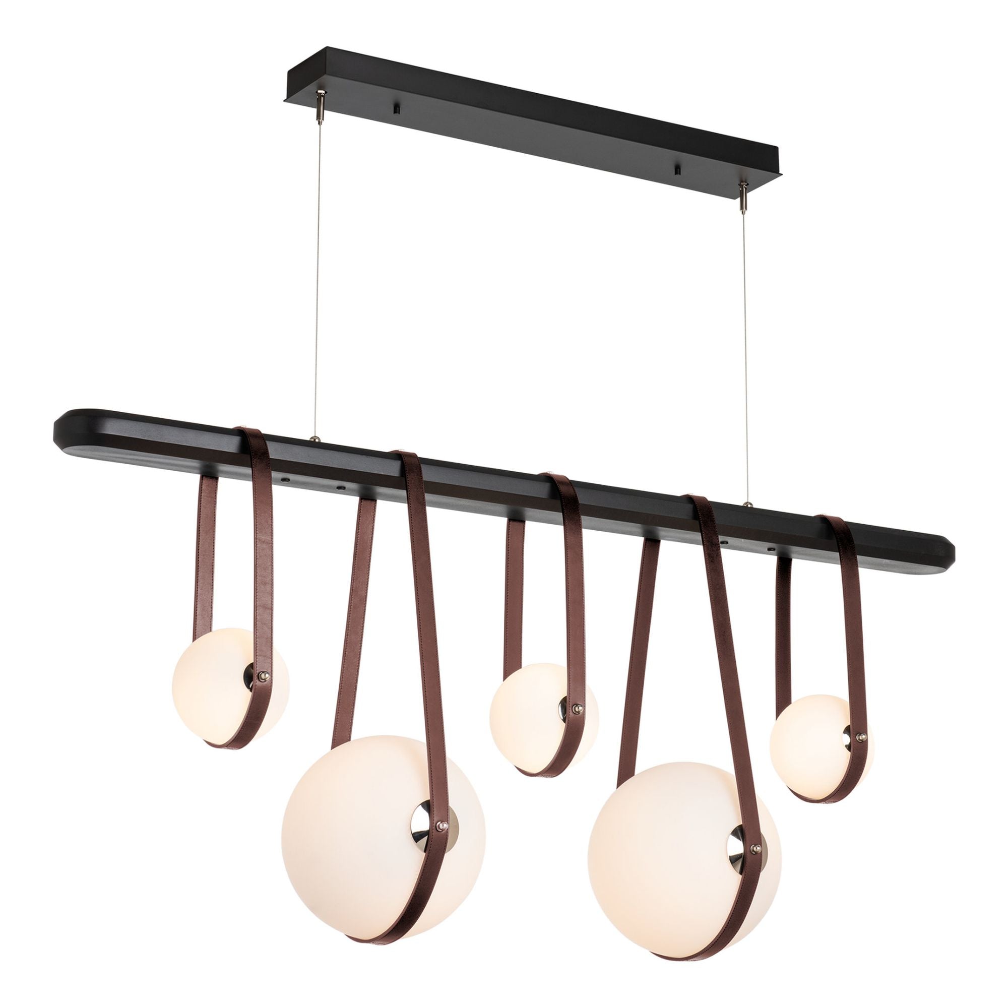 Derby Linear 5-Light LED Pendant Polished Nickel Accent British Brown Leather LED Opal Glass (GG) in Black