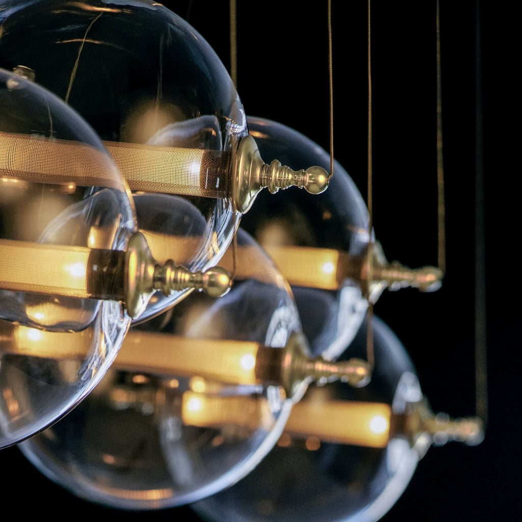 Otto Sphere 5 Light Pendant 10-Light Clear Glass with Stainless Steel Mesh Tube (YT) in Black with Brass Accents