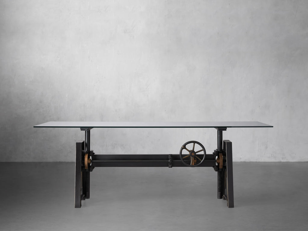 Industrial Crank Desk with Glass Top and Large Black Rubbed Copper Base