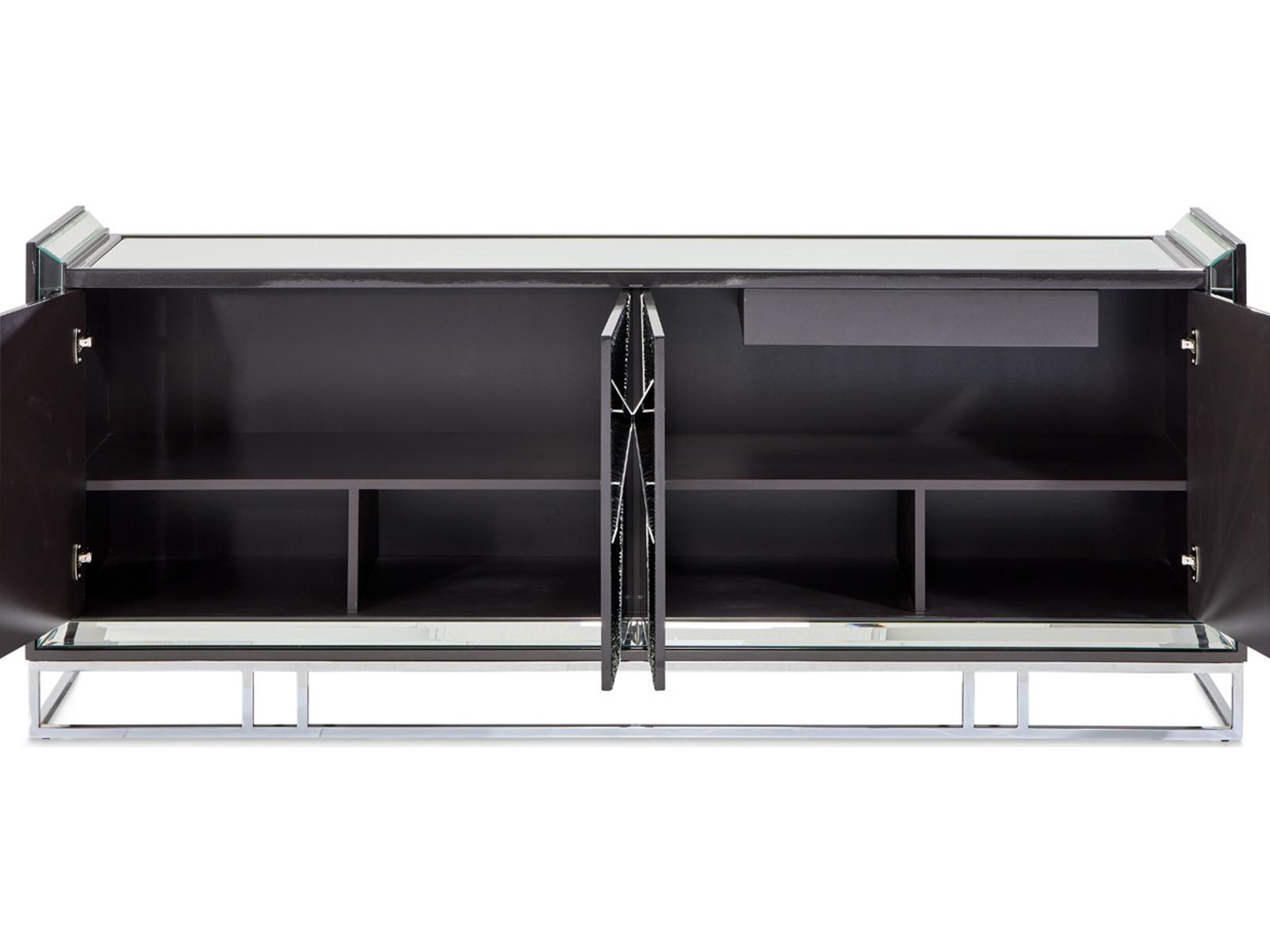 Carmela Mirrored Console Table Glossy Charcoal Sand Modern Glam
