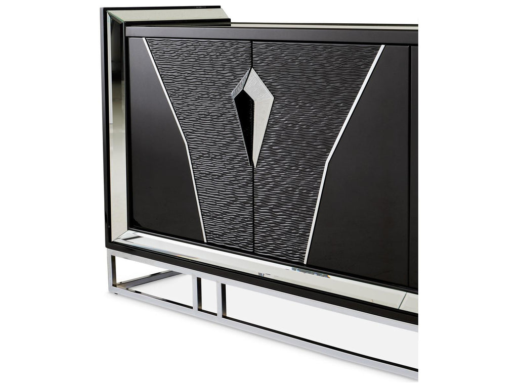 Carmela Mirrored Console Table Glossy Charcoal Sand Modern Glam
