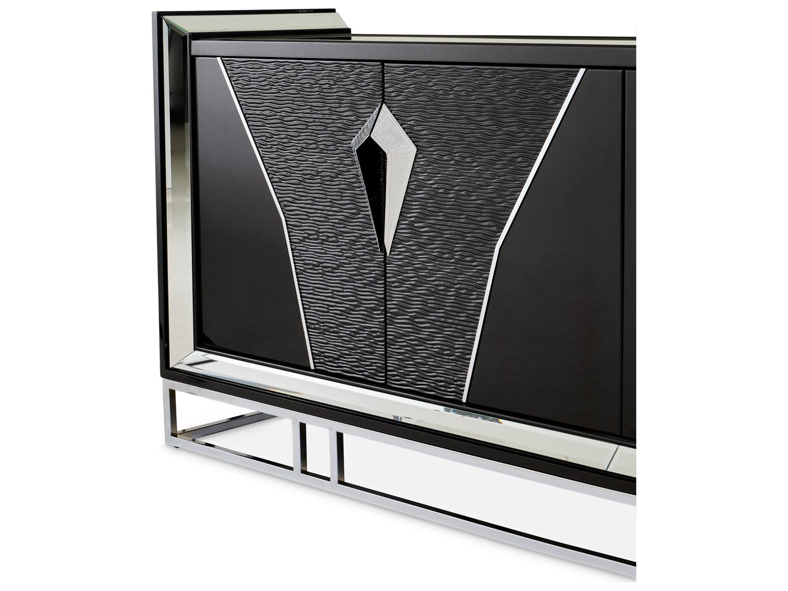 Carmela Mirrored Console Table Glossy Charcoal Sand Modern Glam