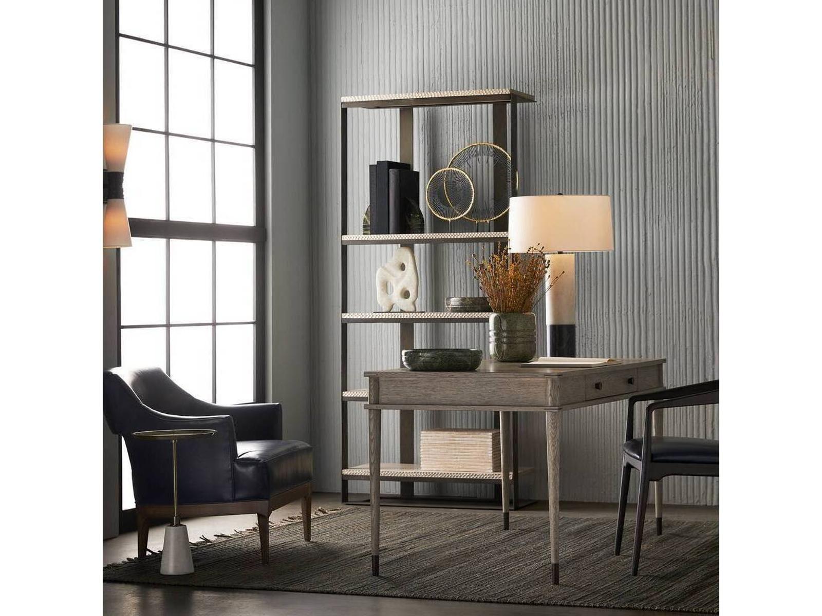 Laurette Upholstered Accent Chair in Indigo Leather and Dark Walnut