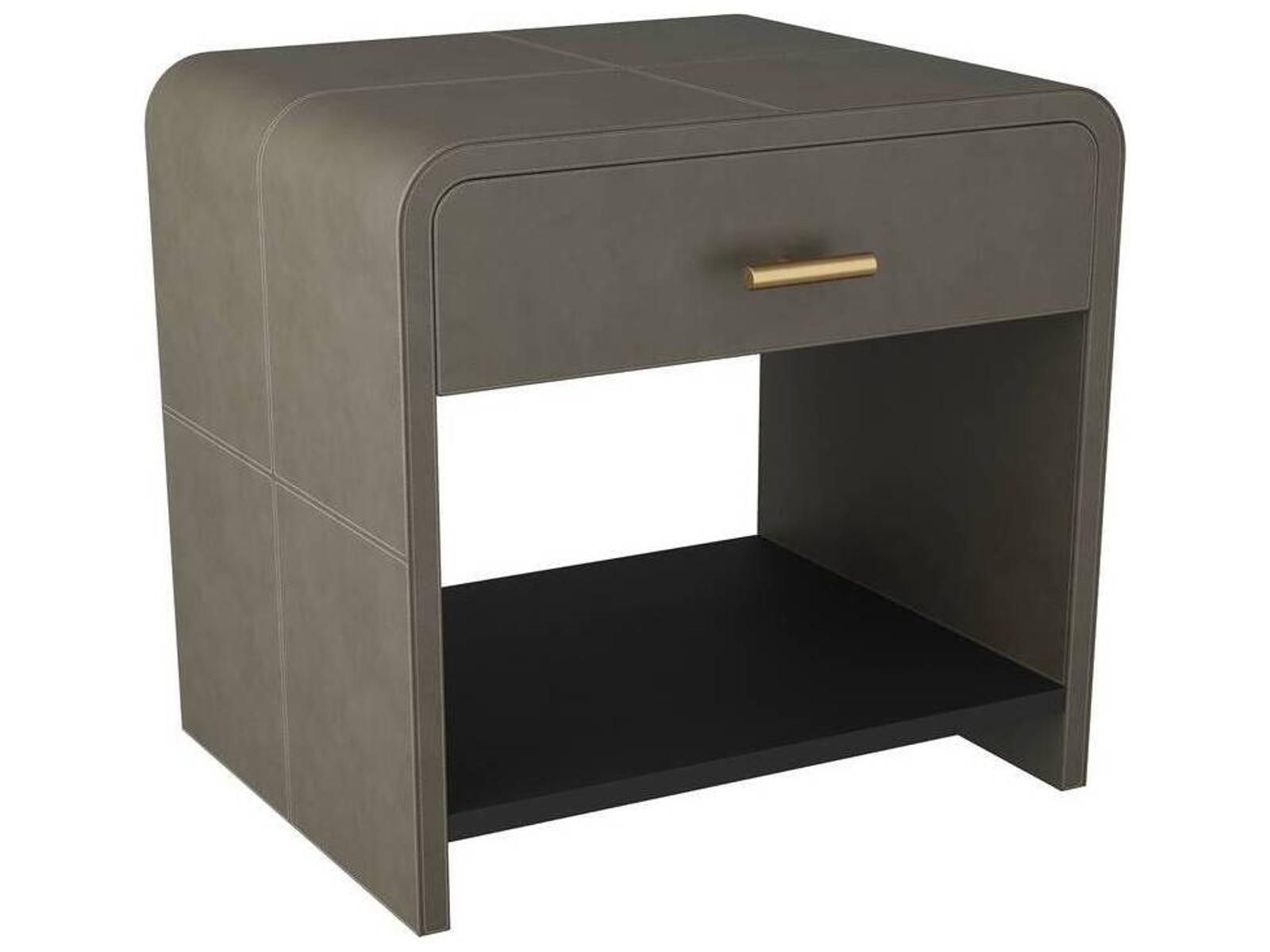 Buchanan Square Side Table in Graphite Leather and Antique Brass
