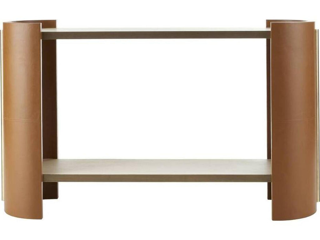 Arteriors Warley Console Table in Smoke Oak Russet Leather and Antique Brass