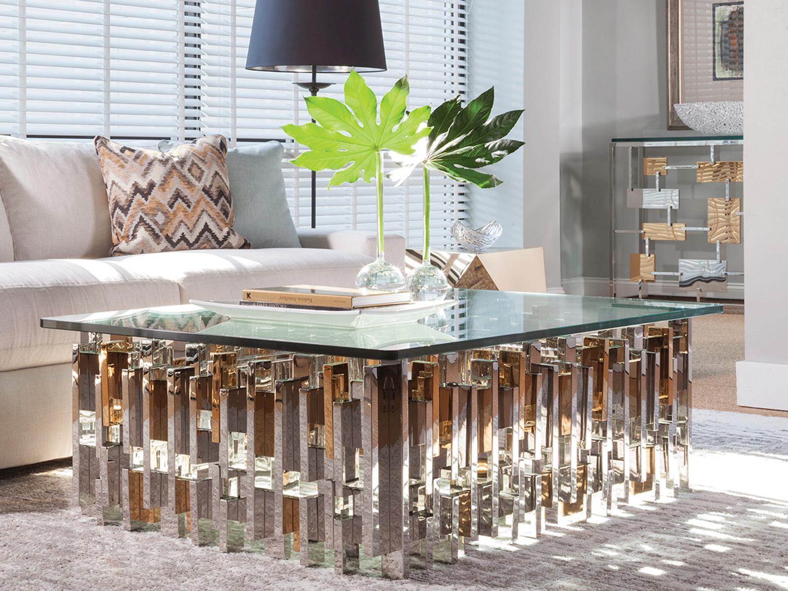 Signature Designs Cityscape Rectangular Glass Coffee Table in Warm Brass