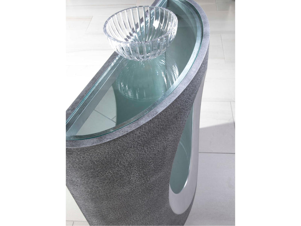 Signature Designs Circa Demilune Glass Textured Gray Silver Leaf Console Table