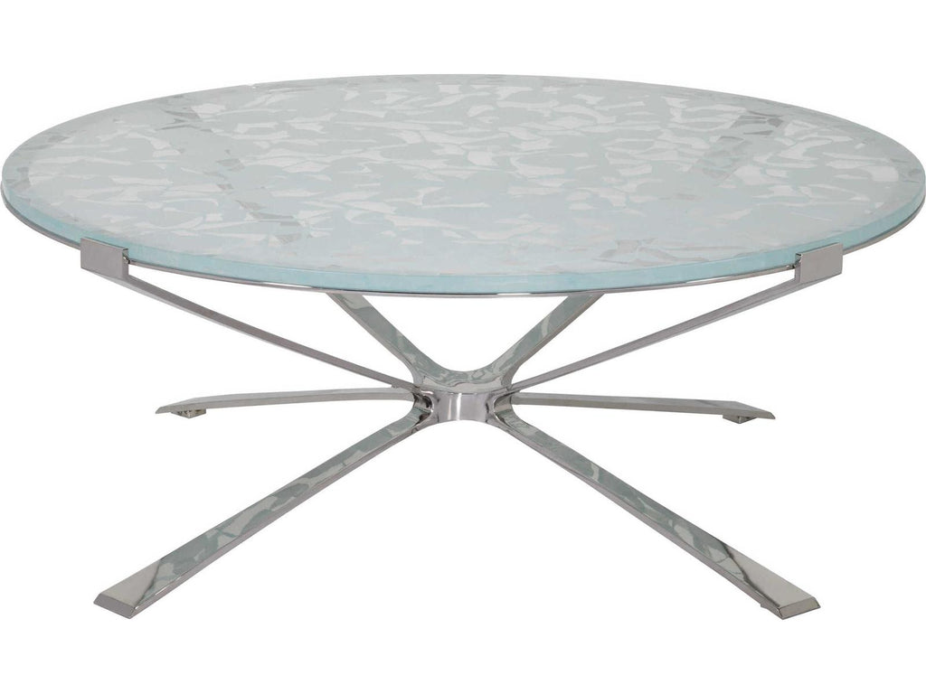 Signature Designs Snowscape Round Glass Coffee Table with Polished Stainless Steel Base