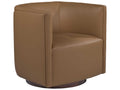 Home Ingrid Leather Swivel Accent Chair with Wood Base in Brown