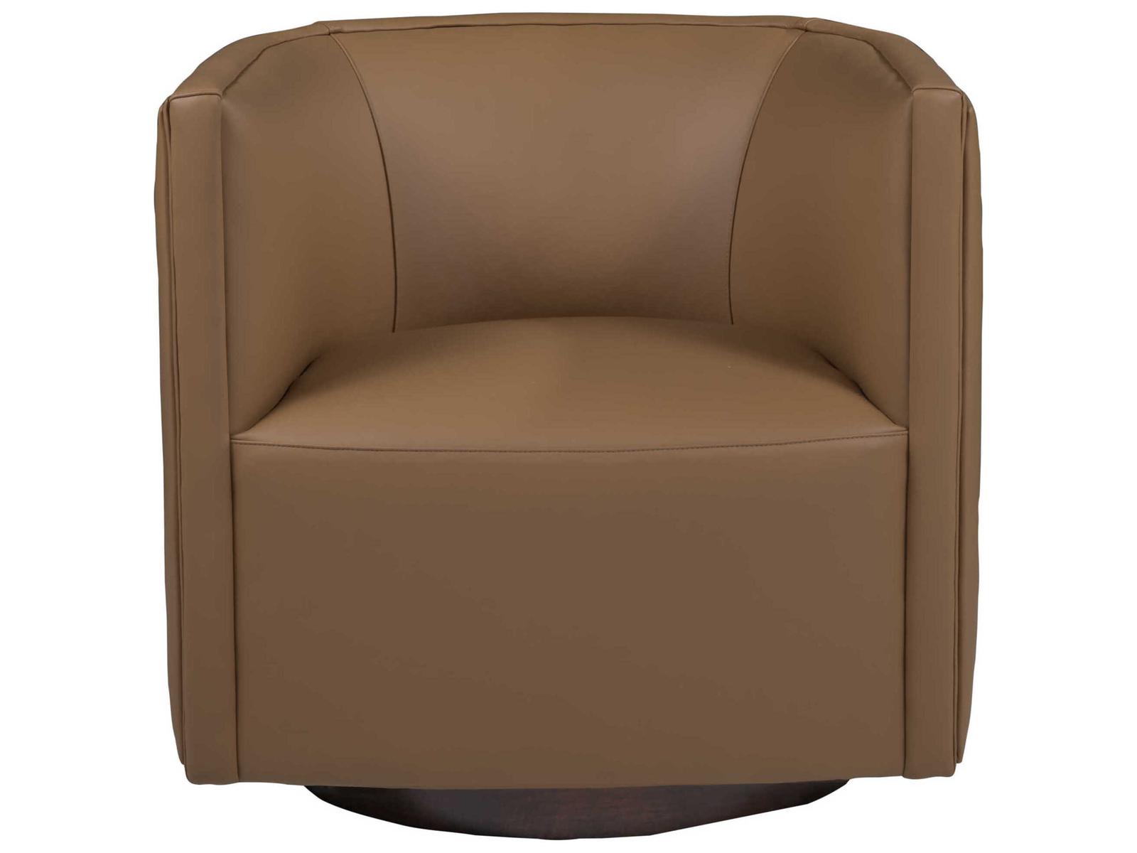 Home Ingrid Leather Swivel Accent Chair with Wood Base in Brown
