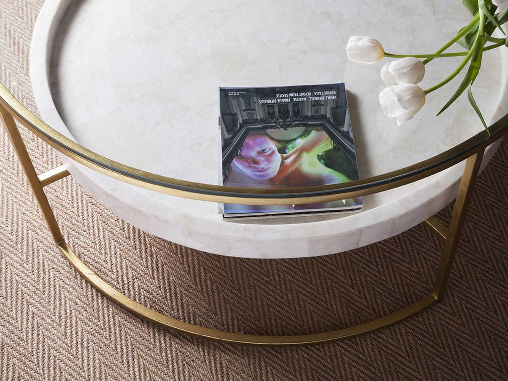 Home Cumulus Round Cocktail Table Gold Foil with Crystal Stone Shelf