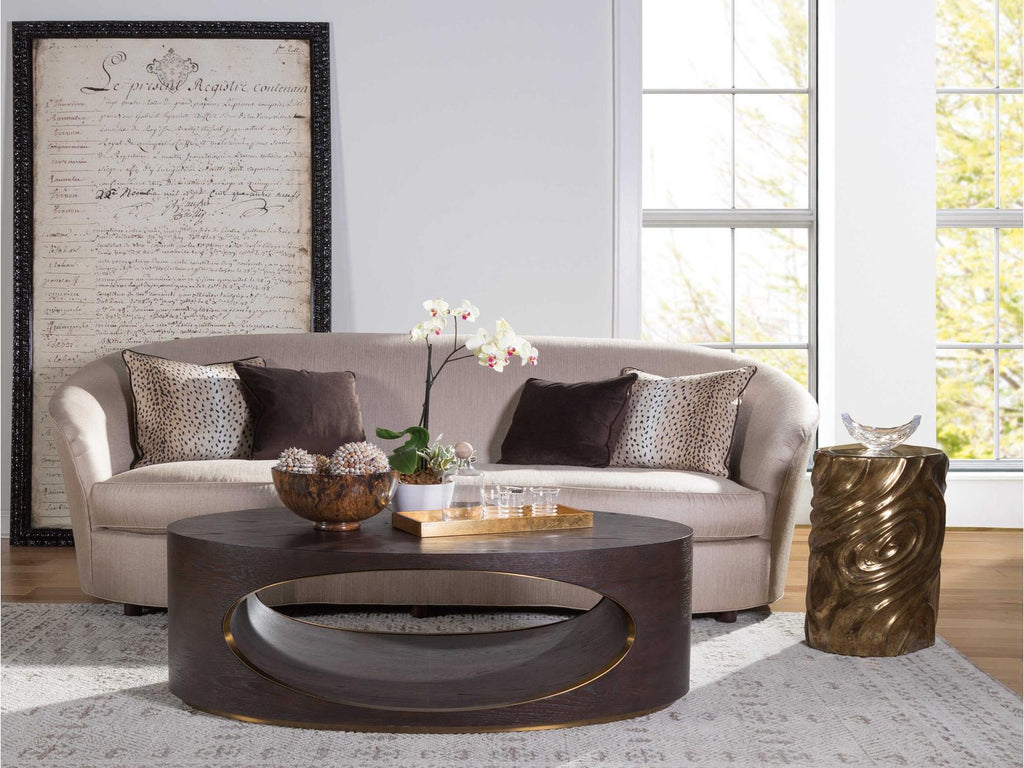 Home Verbatim Oval Coffee Table in Rich Brown with Antiqued Brass