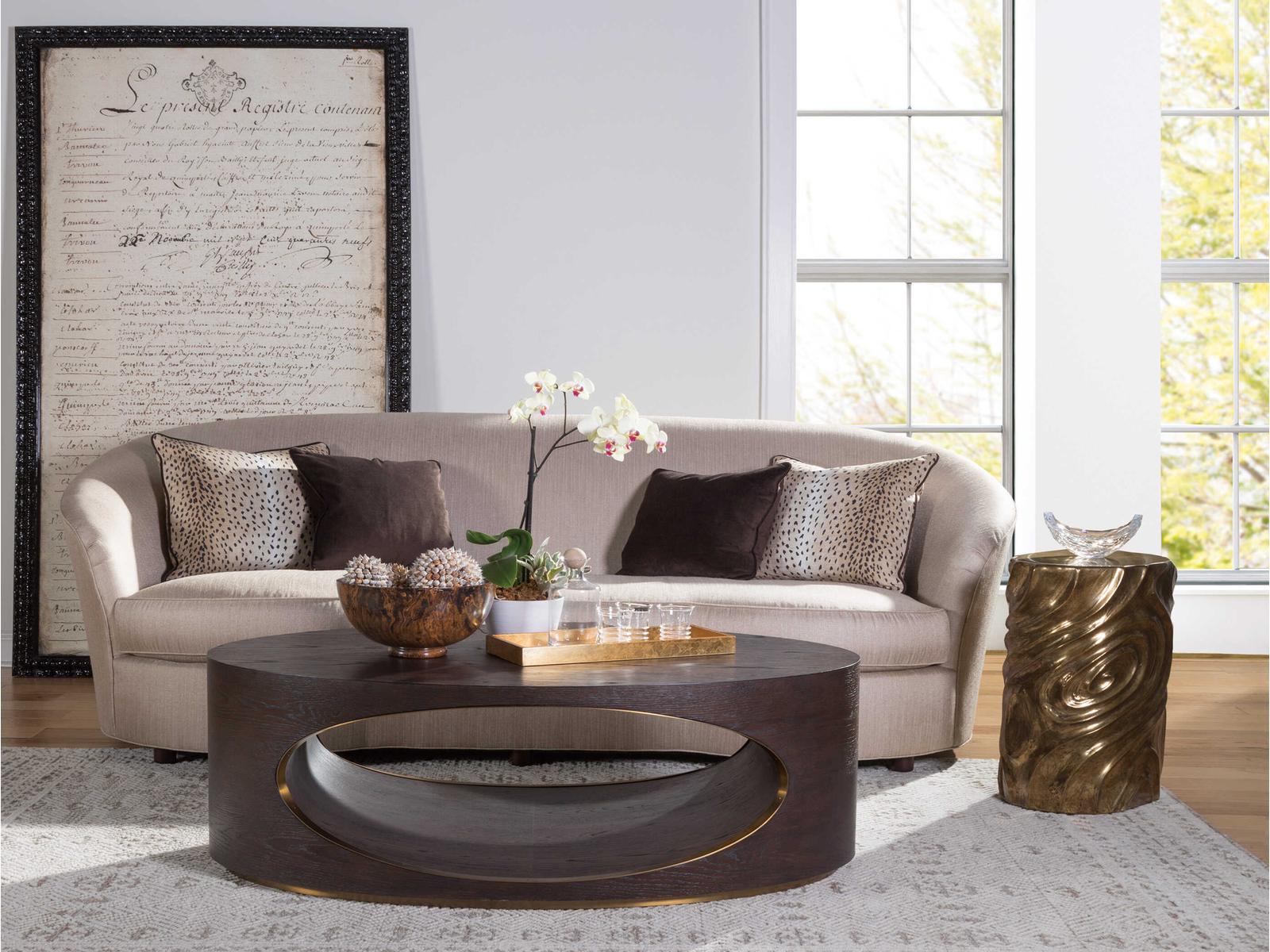 Home Verbatim Oval Coffee Table in Rich Brown with Antiqued Brass