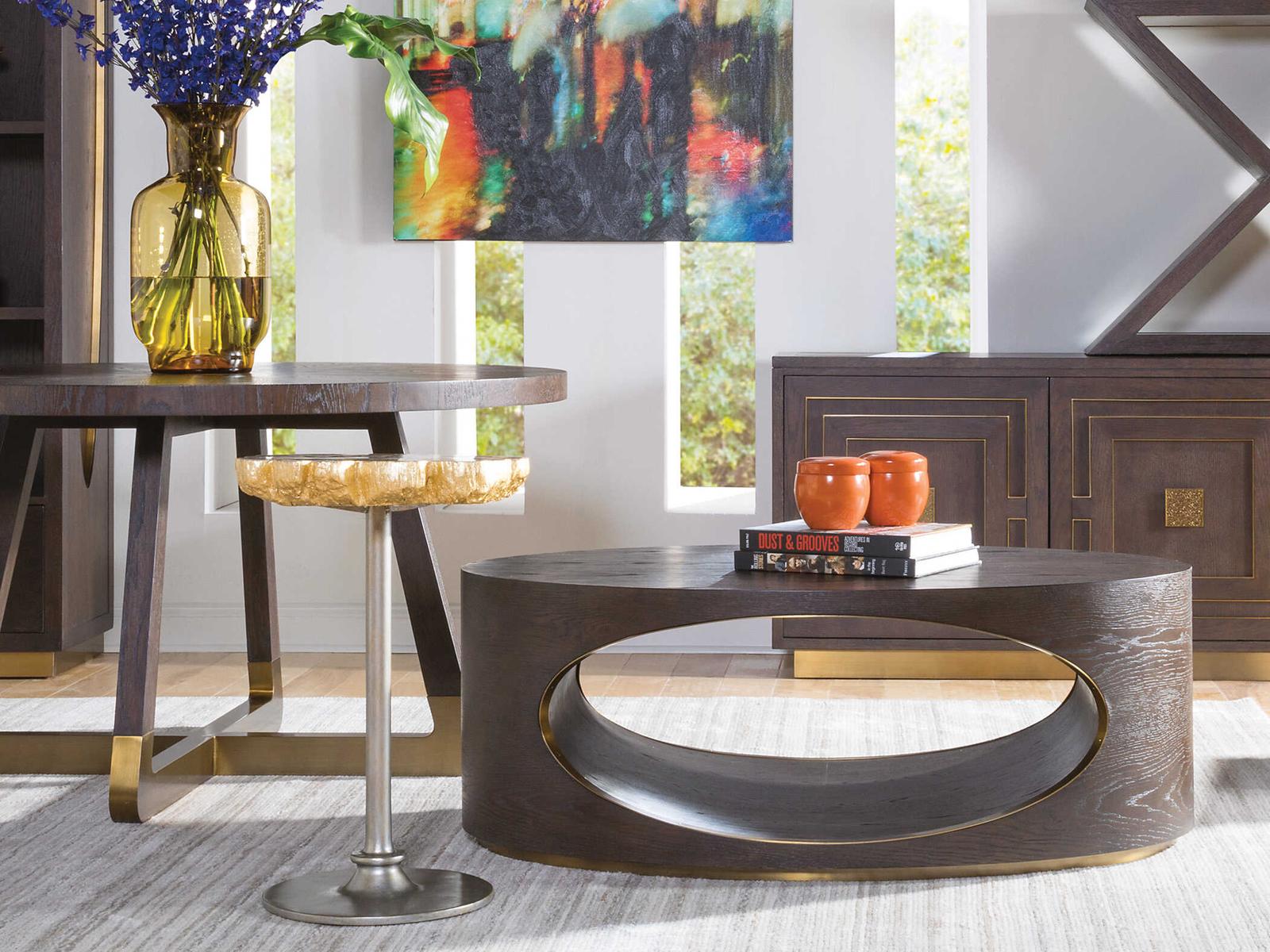 Home Verbatim Oval Coffee Table in Rich Brown with Antiqued Brass