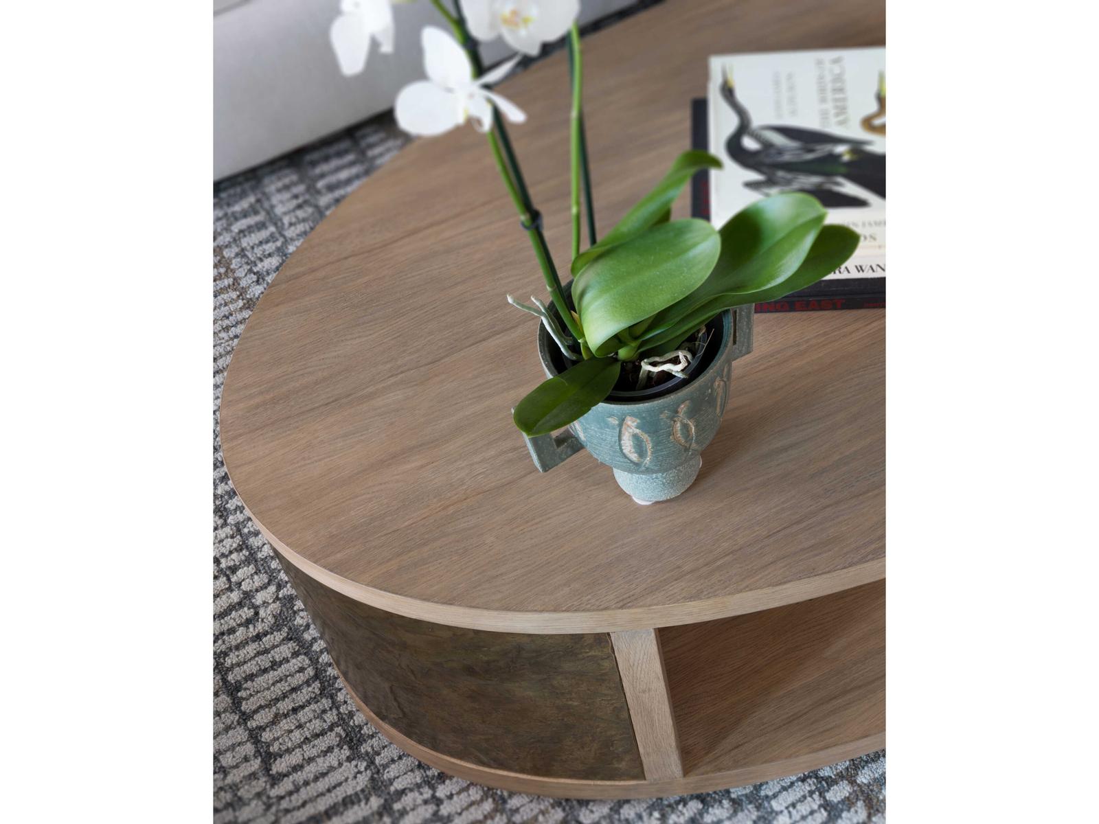 Home Simpatico Oval Cocktail Table in White Oak and Bronze