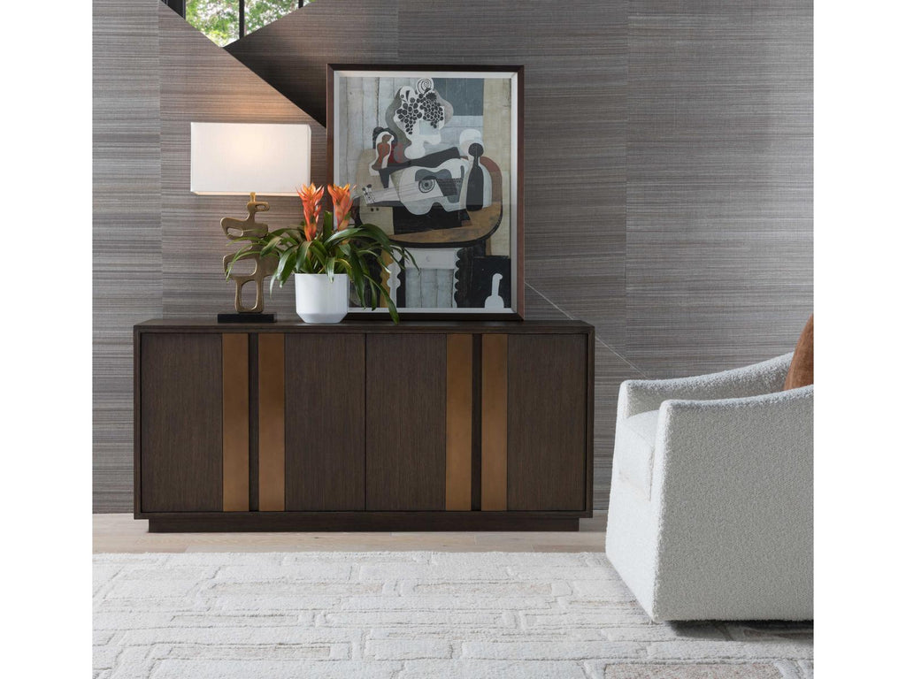 Home Andare 67-Inch Media Console TV Stand in Wire Brushed Brown Wood and Brass