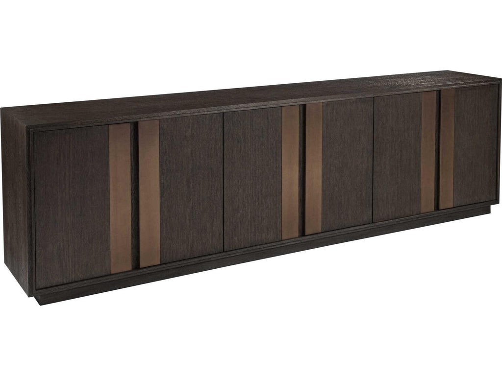Andare 99-Inch Media Console TV Stand in Wire Brushed Brown Wood and Brass