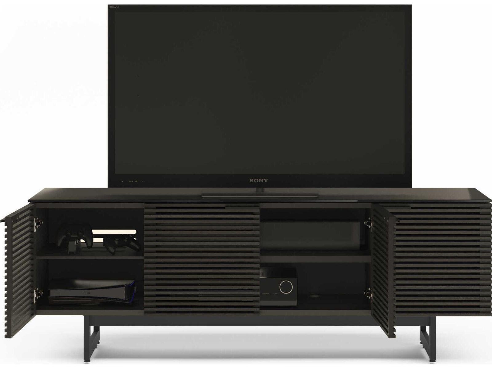 Corridor Louvered Wood Media Console in Charcoal Stained Ash