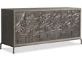 Elysia 74-Inch Three-Door Buffet with Roman Frieze Design in Weathered Greige and Dark Bronze