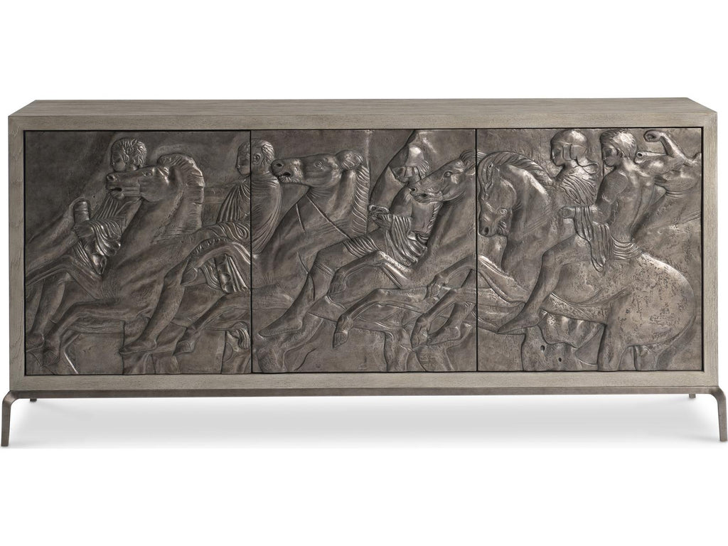 Elysia 74-Inch Three-Door Buffet with Roman Frieze Design in Weathered Greige and Dark Bronze