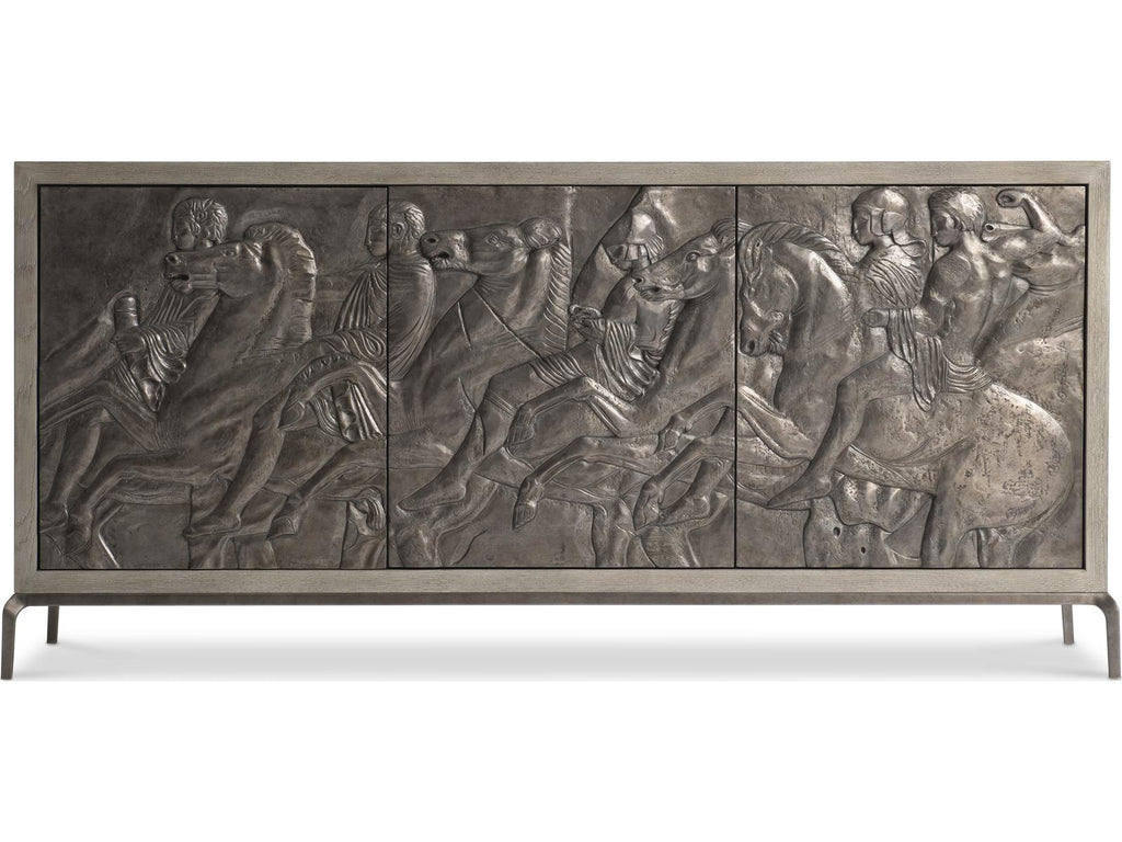 Elysia 74-Inch Three-Door Buffet with Roman Frieze Design in Weathered Greige and Dark Bronze