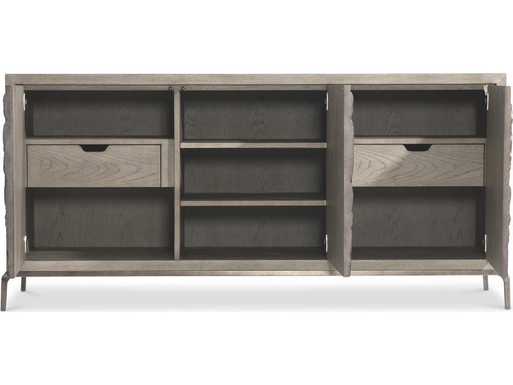 Elysia 74-Inch Three-Door Buffet with Roman Frieze Design in Weathered Greige and Dark Bronze