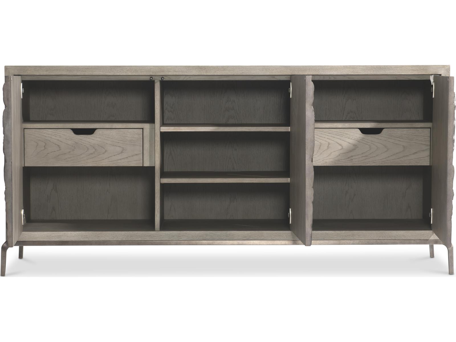 Elysia 74-Inch Three-Door Buffet with Roman Frieze Design in Weathered Greige and Dark Bronze