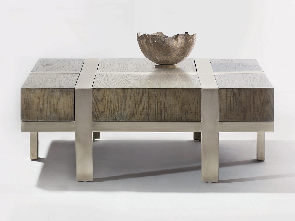 Interiors Leigh Square Cocktail Table in Rustic Gray and Tarnished Nickel
