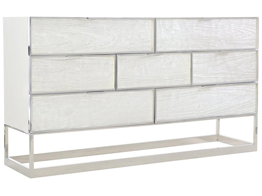 Interiors Parkhurst 7-Drawer Dresser in High Sheen White Lacquer with Stainless Steel