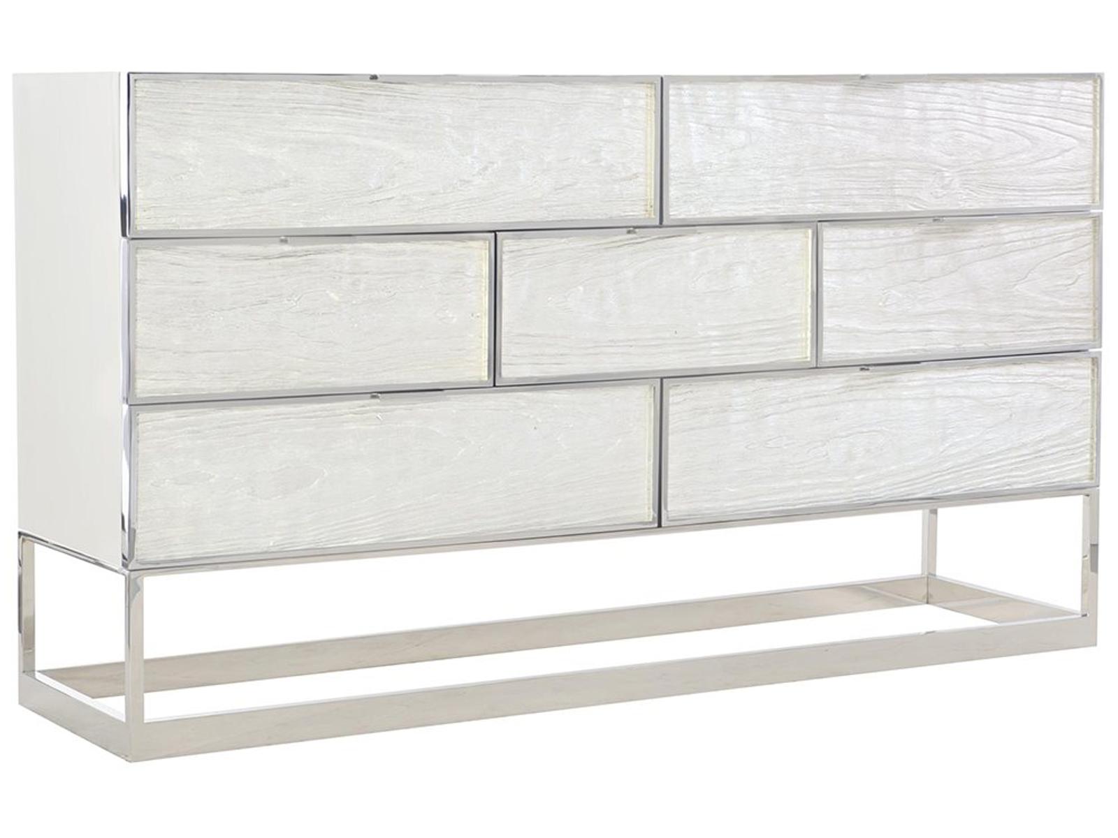 Interiors Parkhurst 7-Drawer Dresser in High Sheen White Lacquer with Stainless Steel