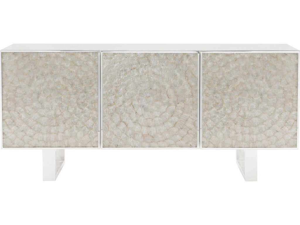 Interiors Helios Entertainment Credenza White Capiz Shell and Polished Stainless Steel