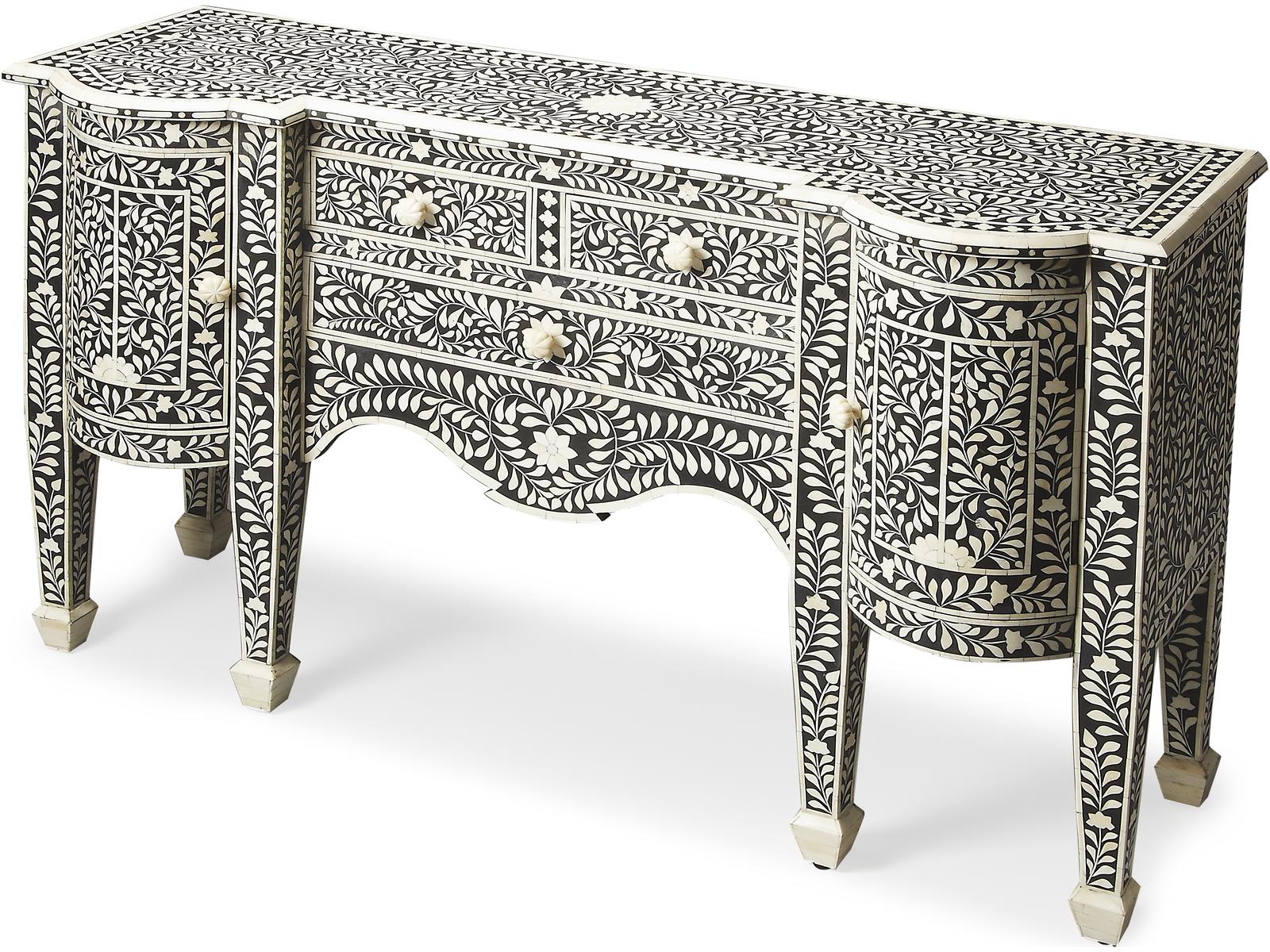 Vivienne Rectangular Bone Inlay Buffet in Black with Three Drawers