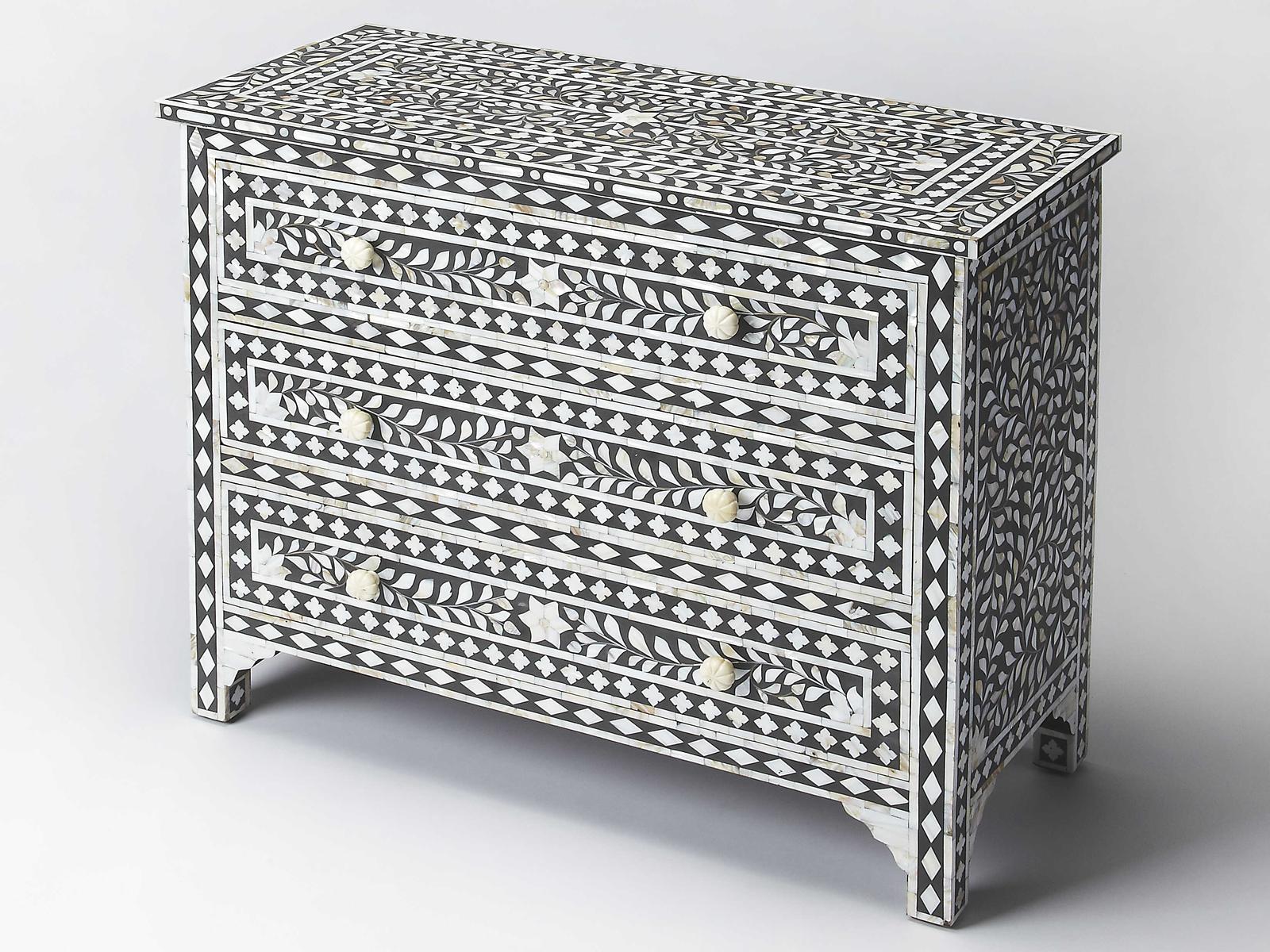Vivienne 3-Drawer Chest in Black with Mother of Pearl Inlay