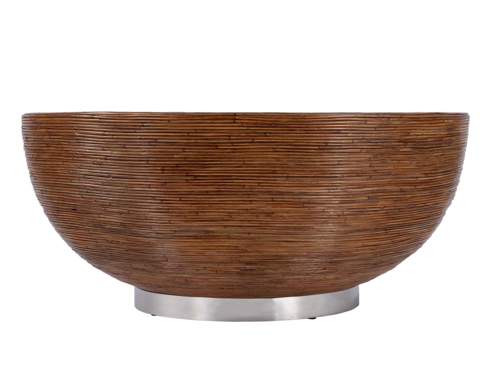 Harding Round Coffee Table in Brown Rattan and Oak Veneer