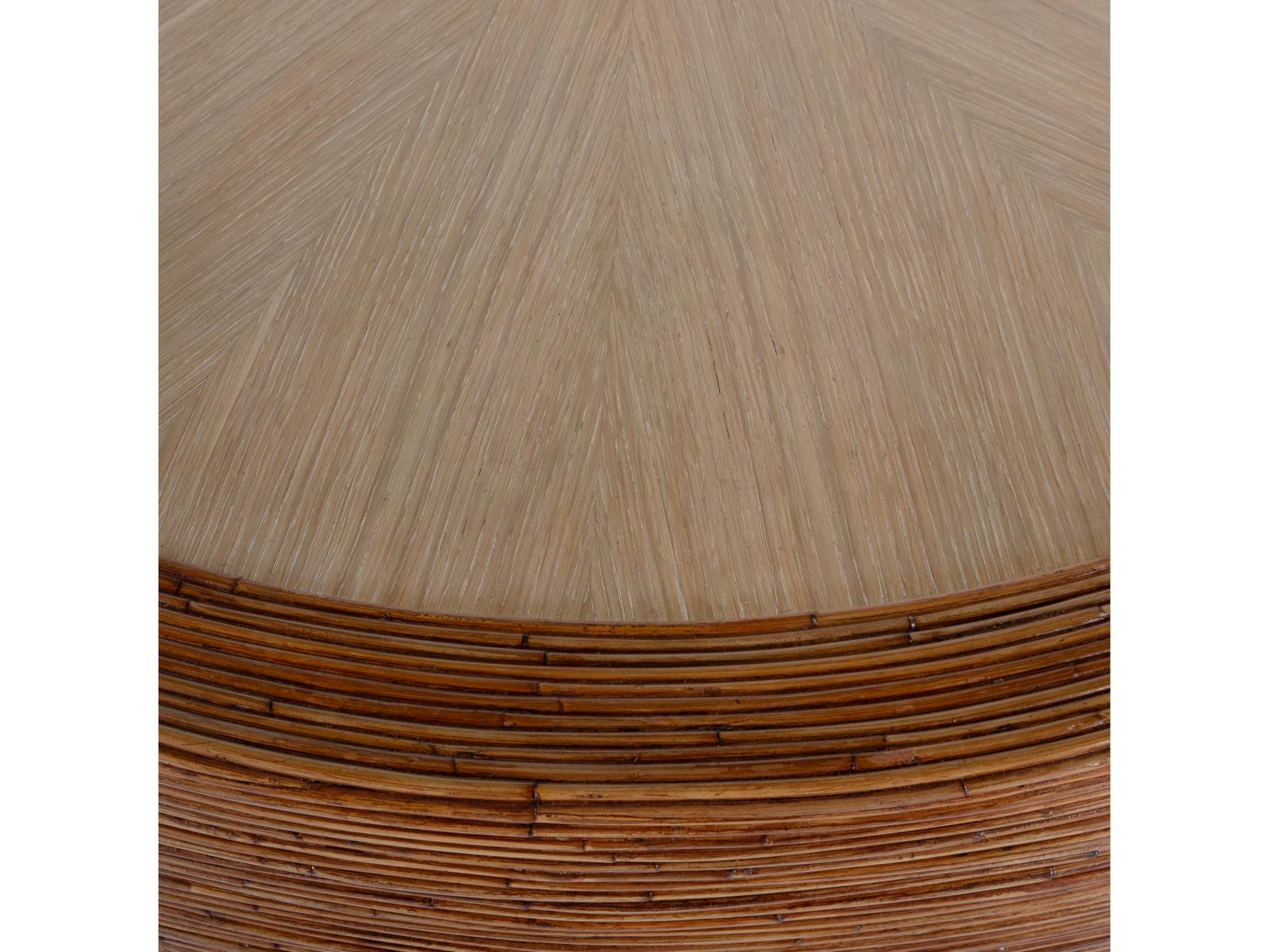 Harding Round Coffee Table in Brown Rattan and Oak Veneer
