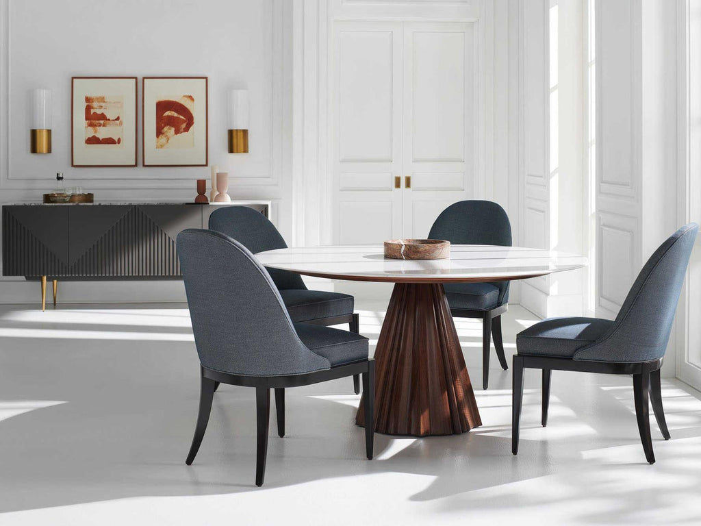 All Natural 60-Inch Round Dining Table with White Marble Top and Rich Walnut Base