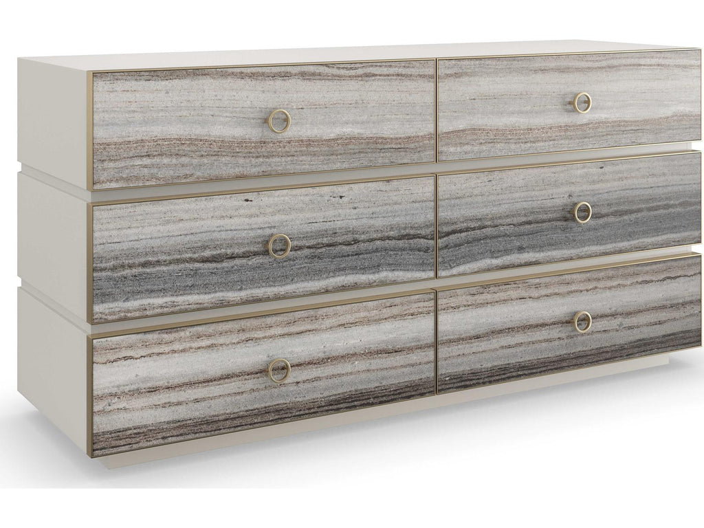 Bedrock Six-Drawer Dresser in Almond Milk and Champagne Gold