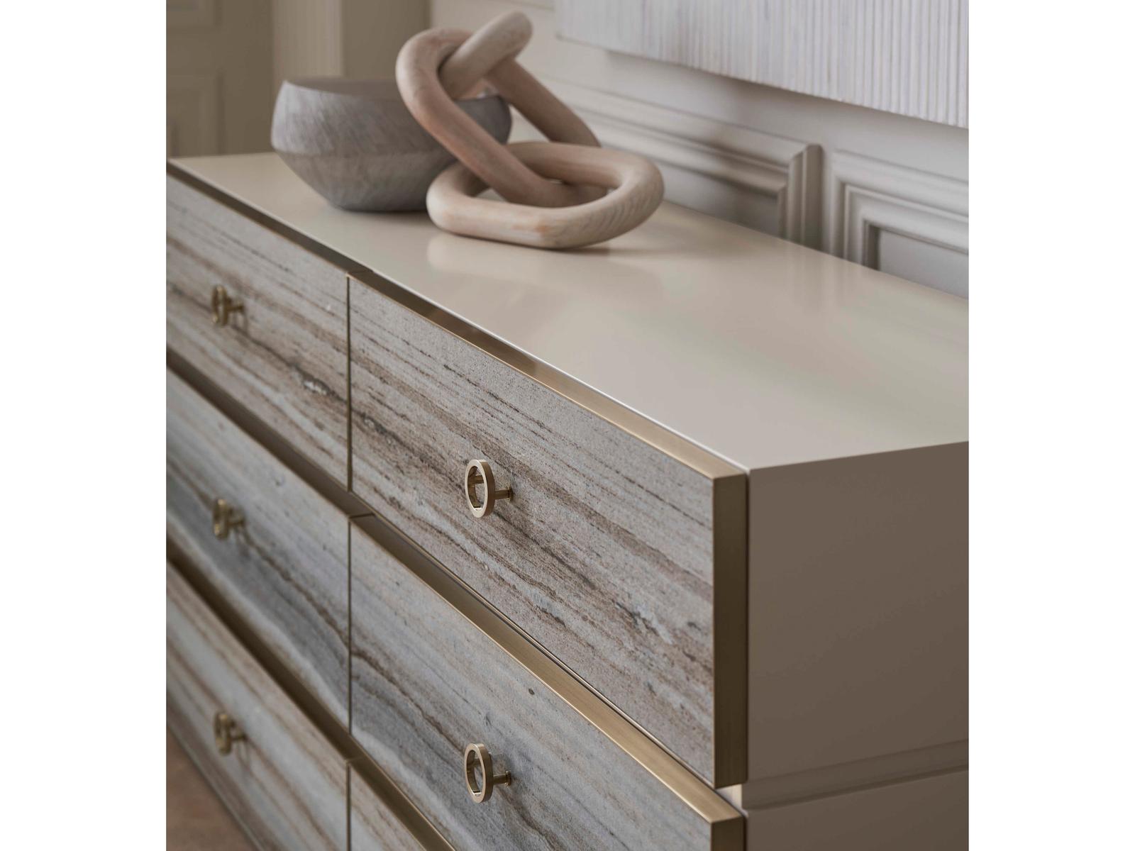 Bedrock Six-Drawer Dresser in Almond Milk and Champagne Gold
