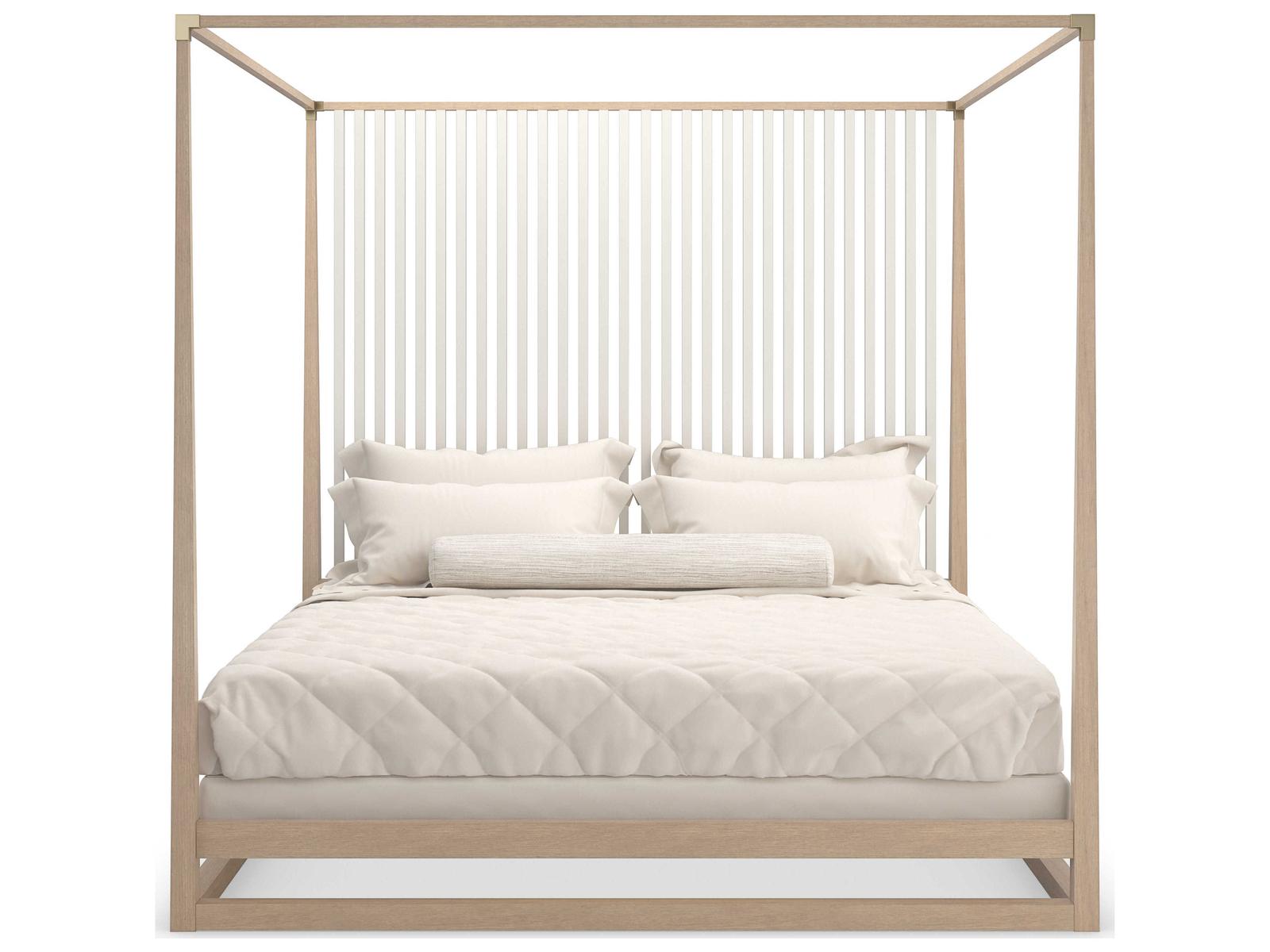 Pinstripe Light King Canopy Bed in Sun Drenched Oak and Almond Milk