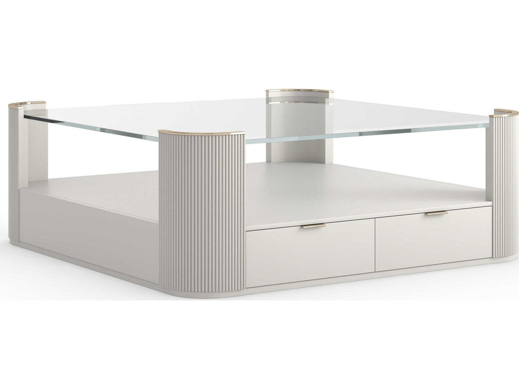 Love Square Cocktail Table with Clear Glass Top in Matte Pearl and Whisper of Gold