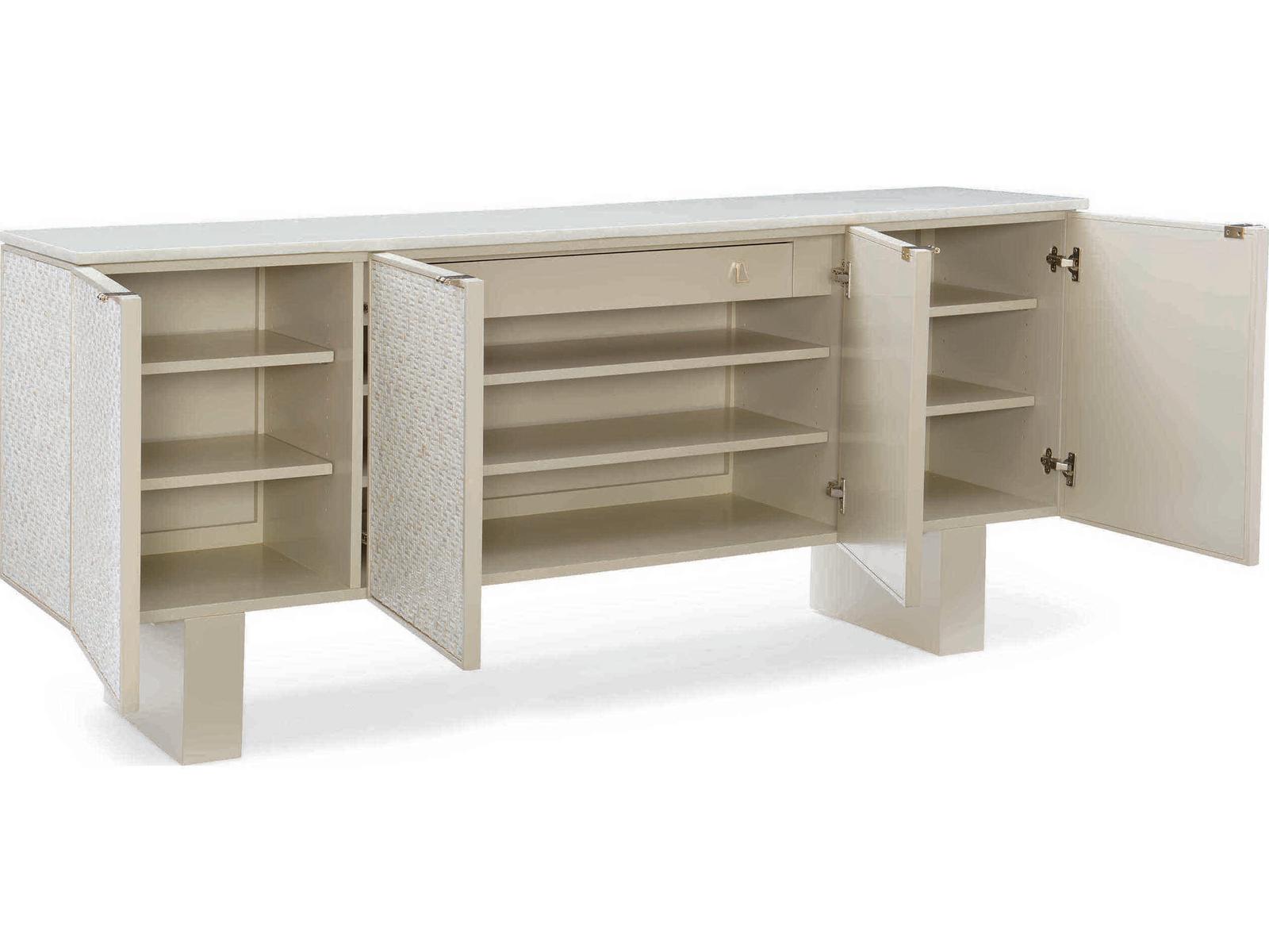 Bomb-Shell Sideboard with Stacked Shell and White Stone Top in Soft Taupe