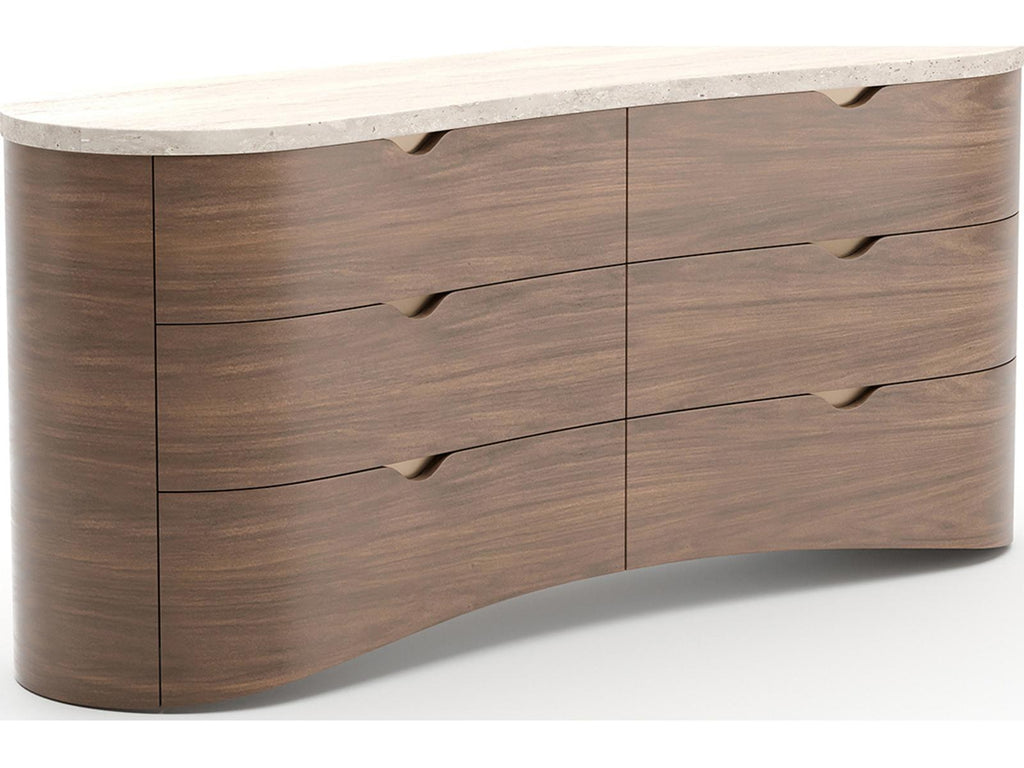 Fleur 6-Drawer Dresser in Porcini with Travertine Top and Gold Hardware