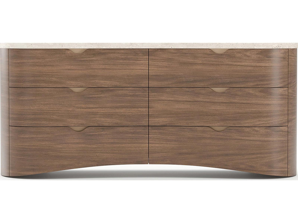 Fleur 6-Drawer Dresser in Porcini with Travertine Top and Gold Hardware