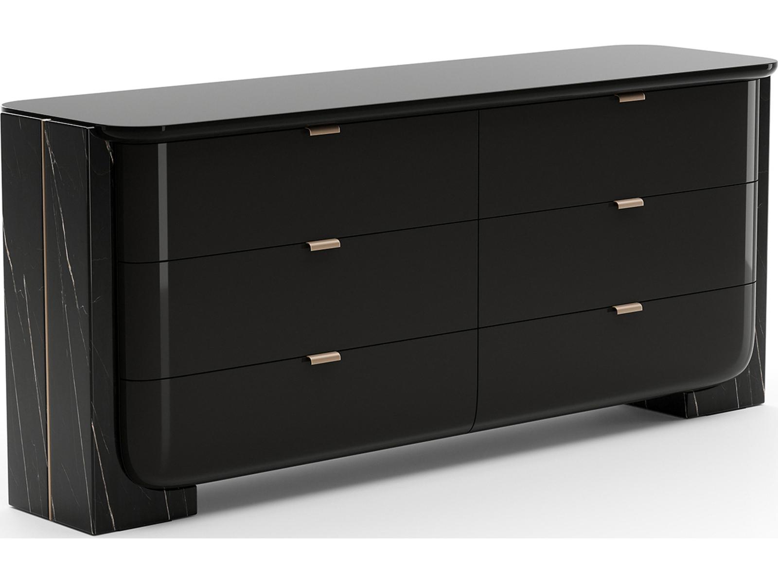 Overlap 6-Drawer Dresser in Piano Black and Nero Marquina