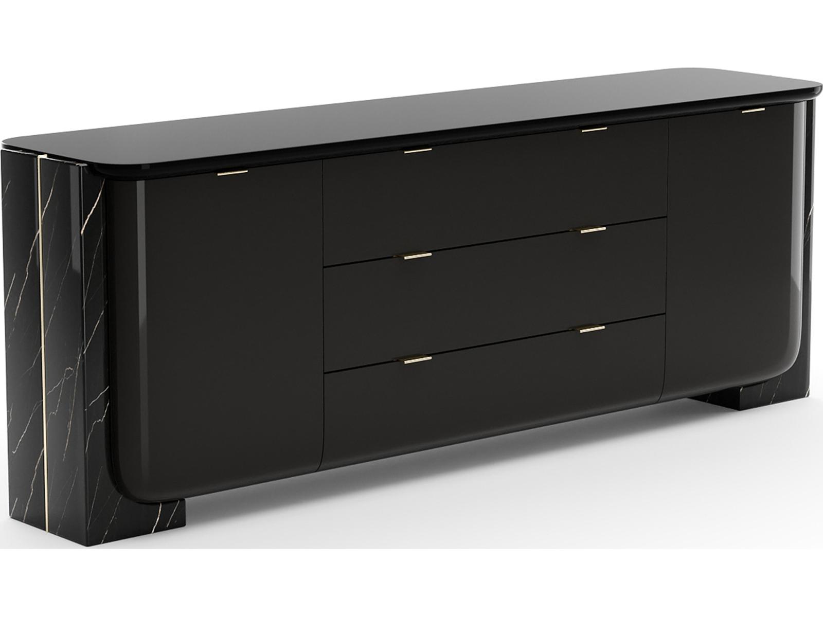 Overlap 86 Inch Sideboard Dark Piano Black with Nero Marquina Stone and Gold Trim