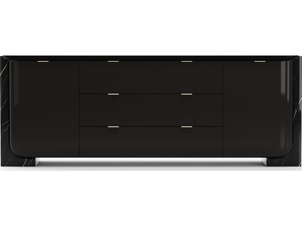 Overlap 86 Inch Sideboard Dark Piano Black with Nero Marquina Stone and Gold Trim