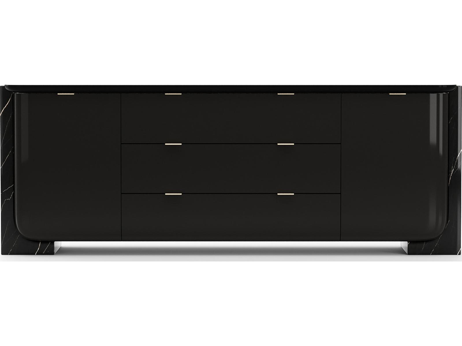 Overlap 86 Inch Sideboard Dark Piano Black with Nero Marquina Stone and Gold Trim