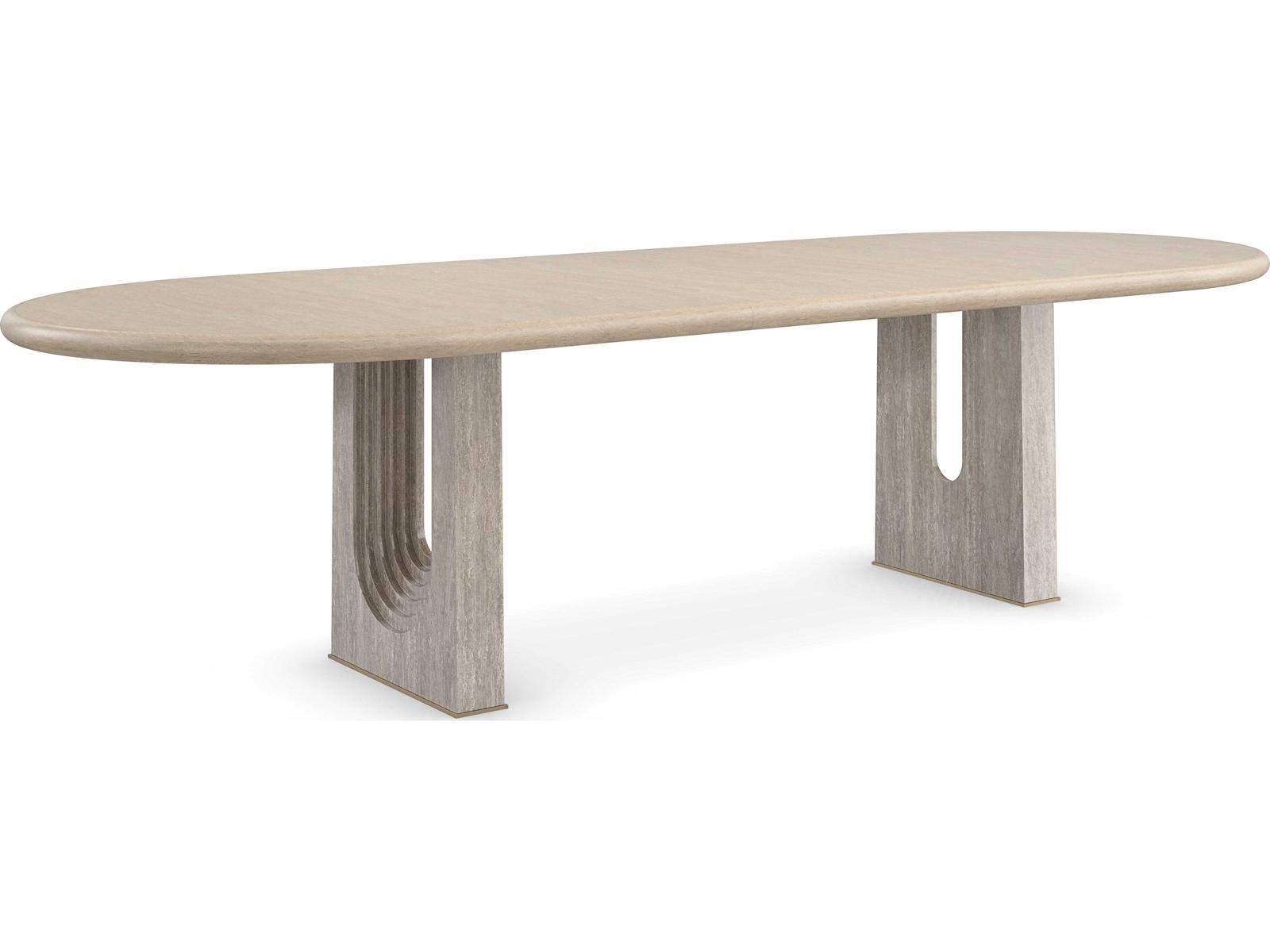 Emphasis 94-Inch Oval Extension Dining Table in Sun Drenched Oak and Silver Travertine