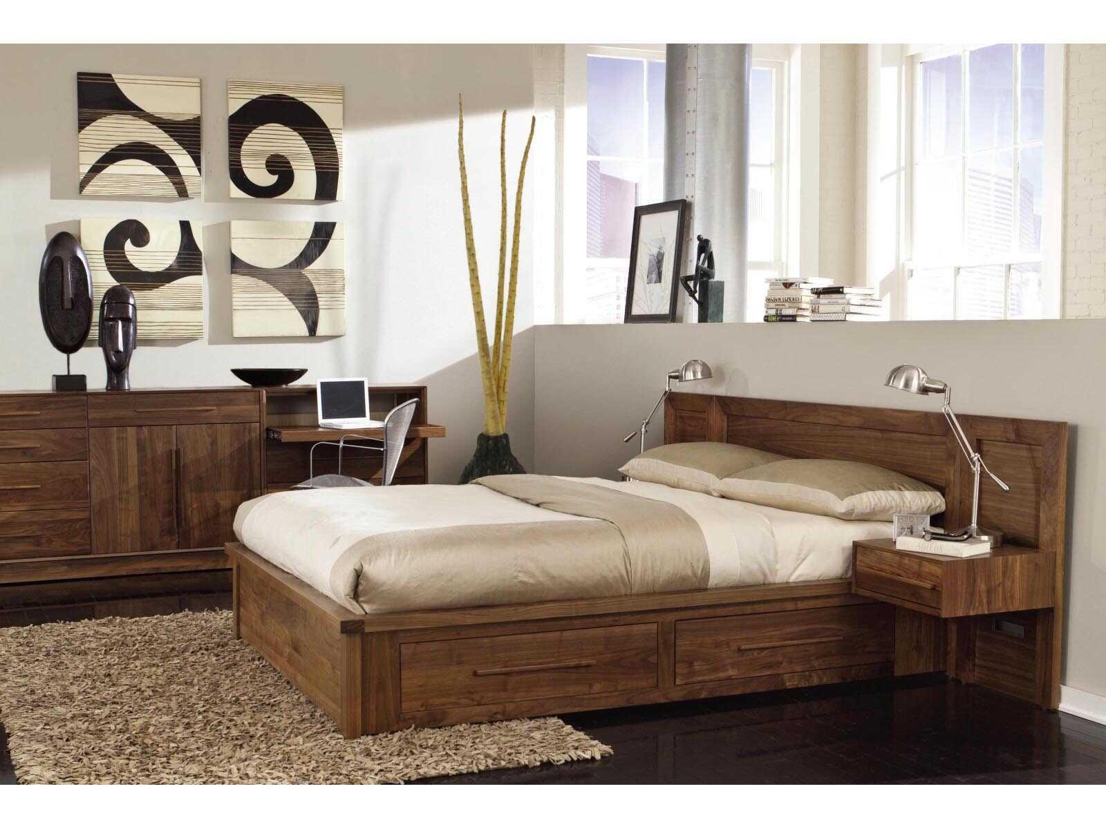 Moduluxe Queen Platform Storage Bed with Veneer Headboard in Brown Solid Wood