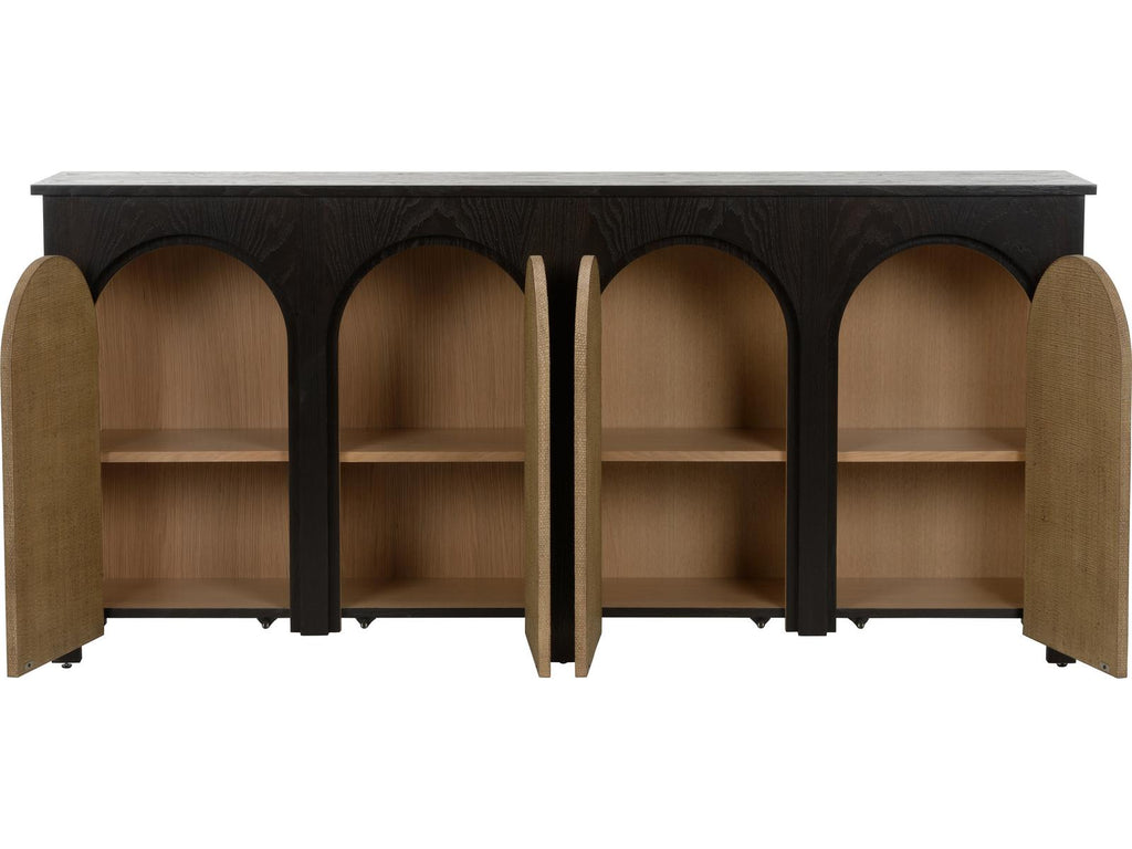 Wrightsbury Rectangle Console Table in Black Wood and Grasscloth